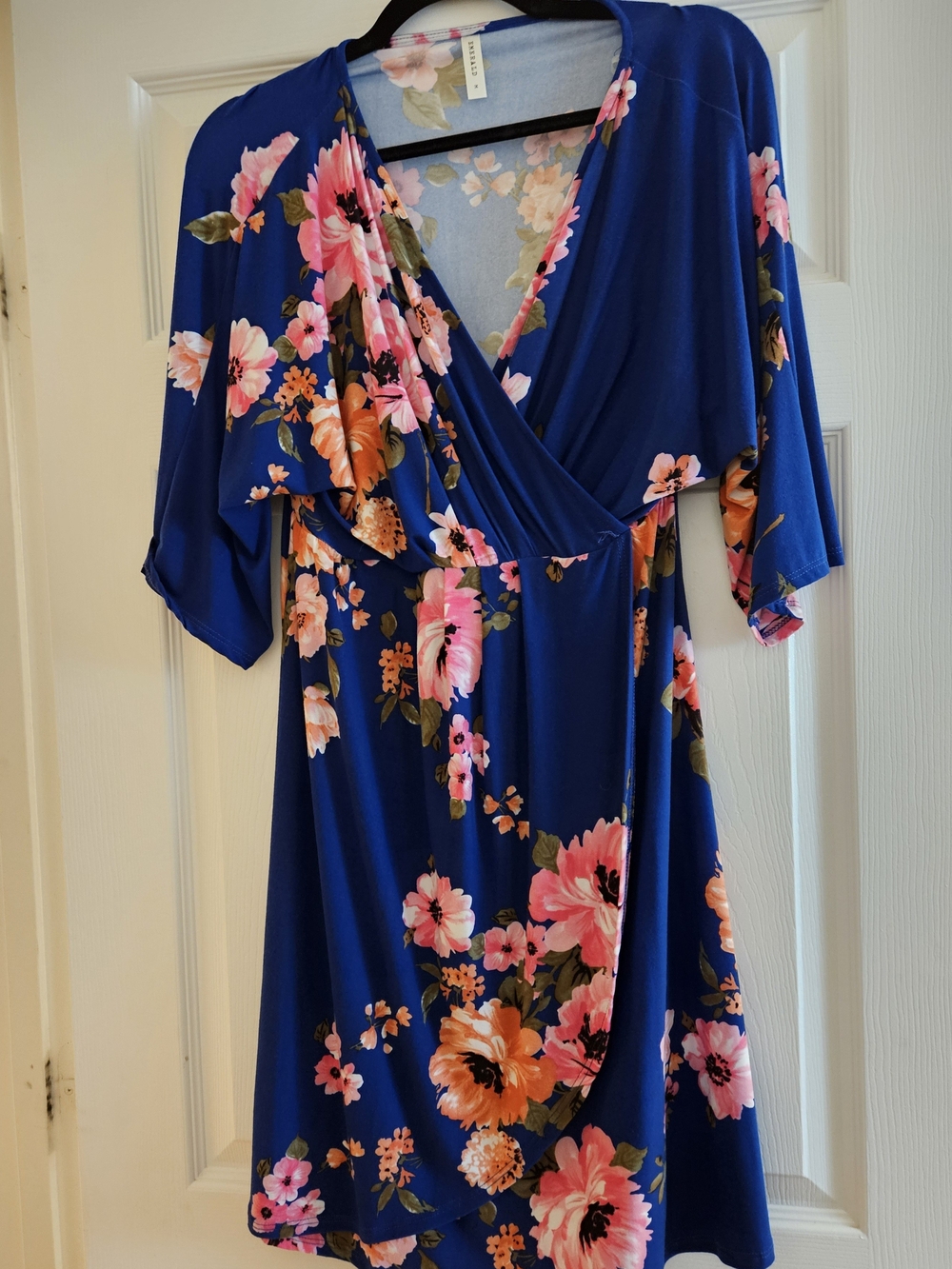 Emerald Blue Floral Dress with Pink Blossoms and Olive Leaves NWOT